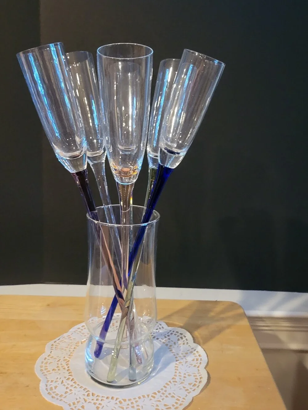 Vintage Lot of 6 Hand Blown Champagne Flutes 17” Long Very Fancy